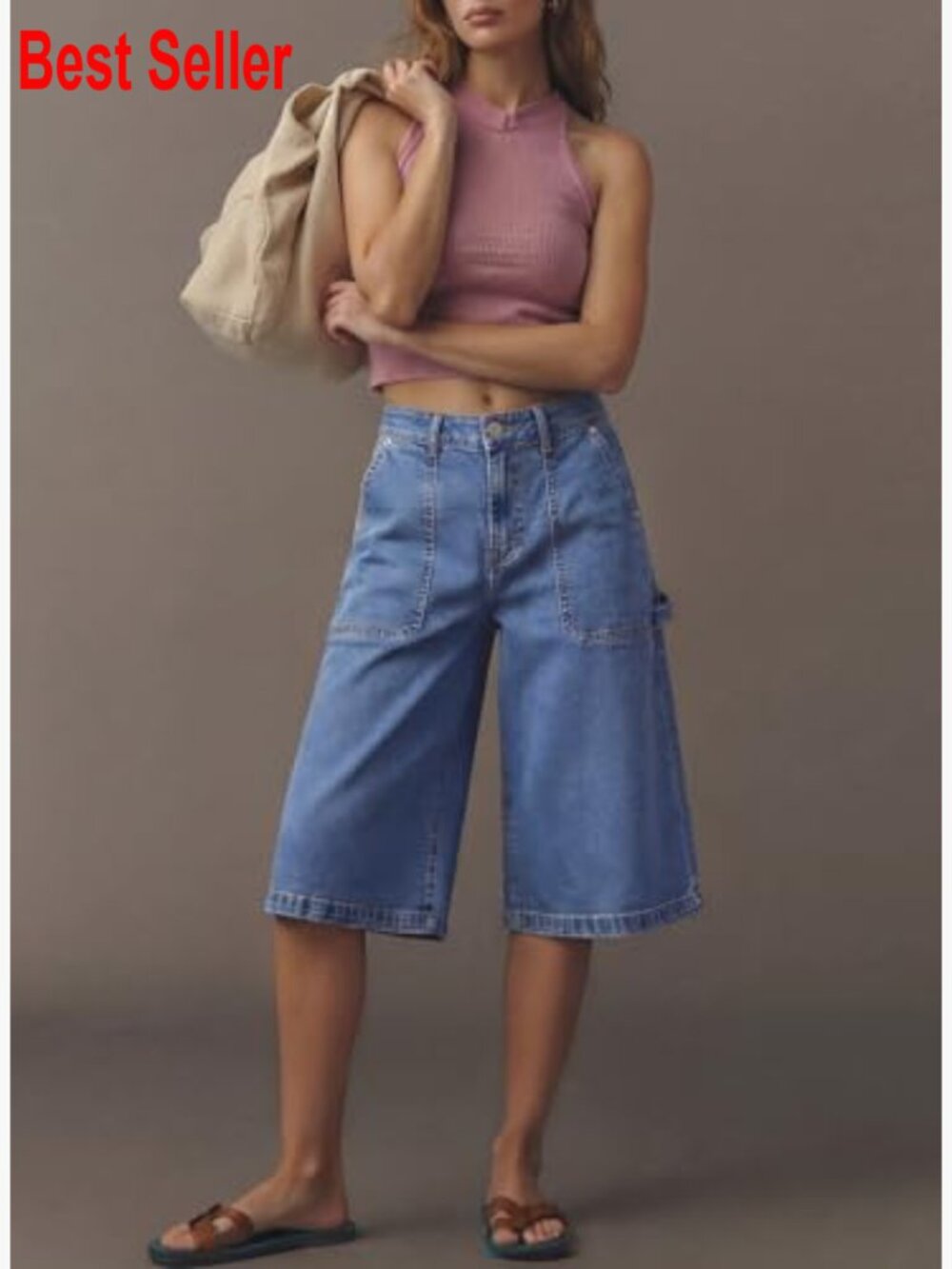 High Waisted Stretch Wide Leg Cargo Denim Shorts Below Knee Length - Picture 3 of 6